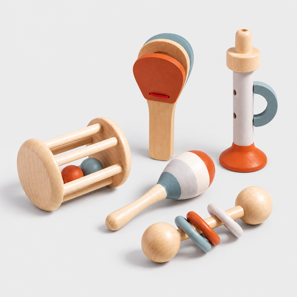 Five-piece wooden rattle set