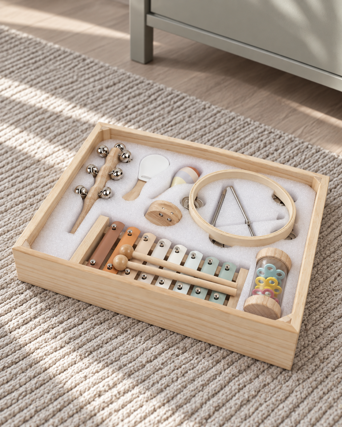 Wooden music tray on a textured rug in a modern home