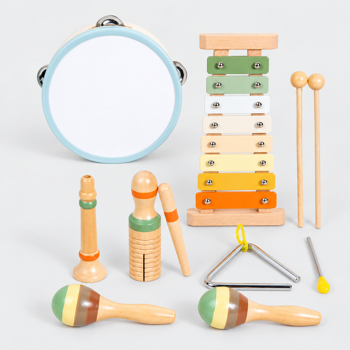 Xylophone set with tambourine, whistle, guiro, triangle and two maracas