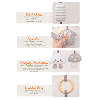 Baby toy packaging with features listed on a white background