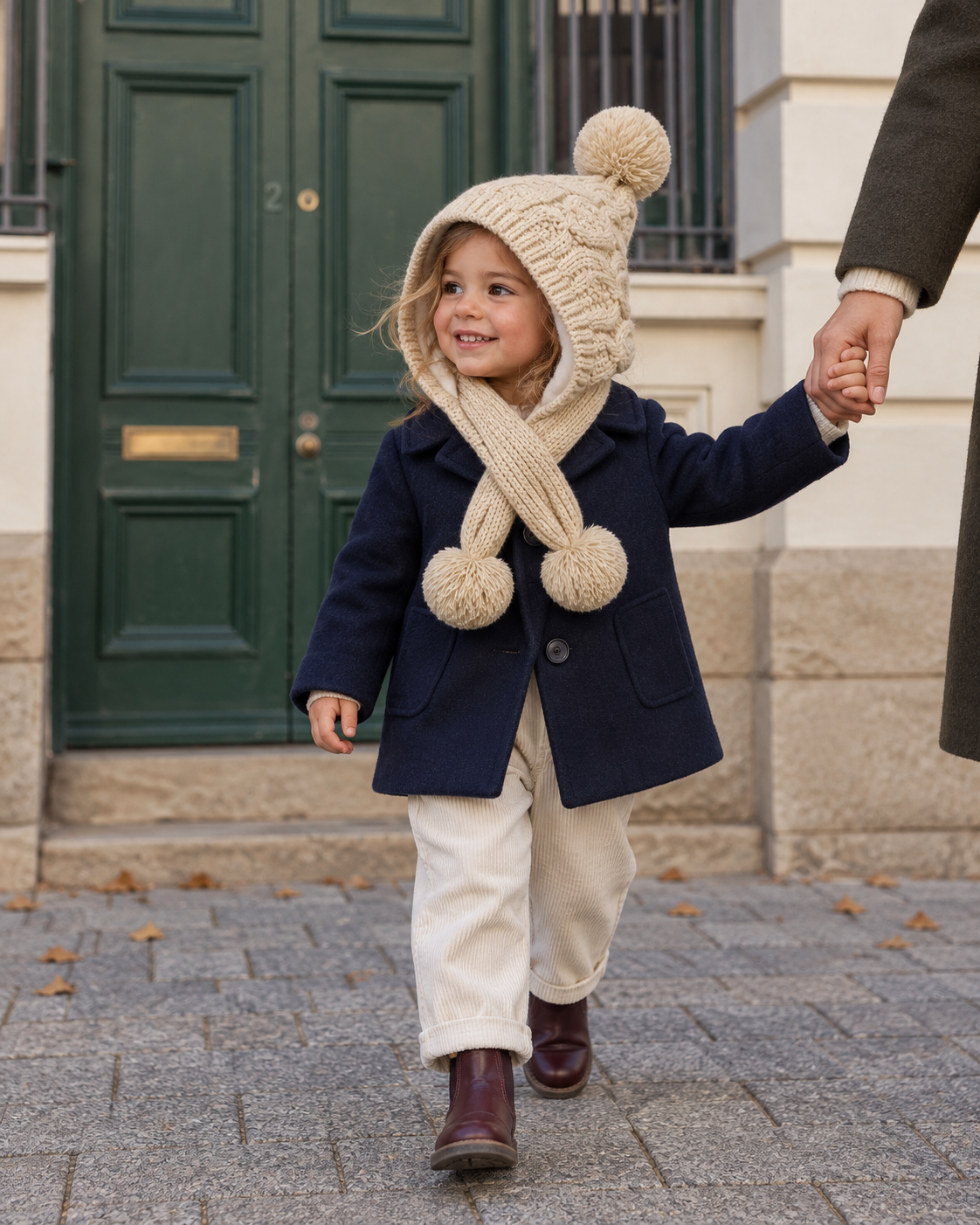 Beige pom-pom hood worn with a navy coat on a city walk