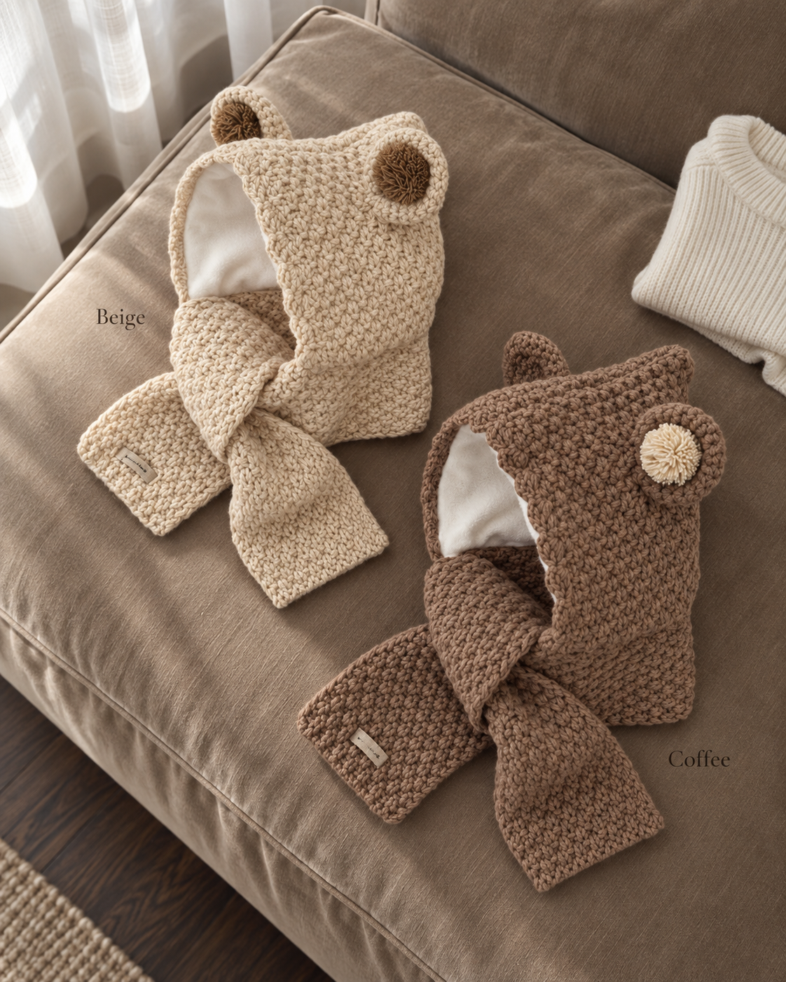 Little Ears hood in Beige and Coffee; each sold separately