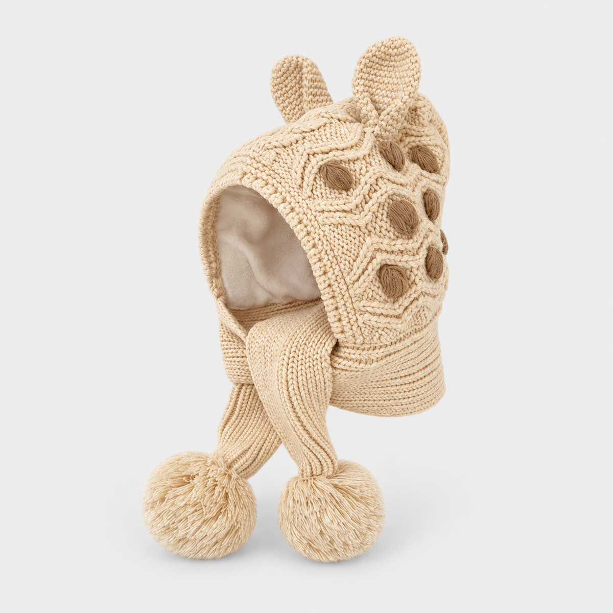 Dots – Beige knitted hood with attached scarf sections