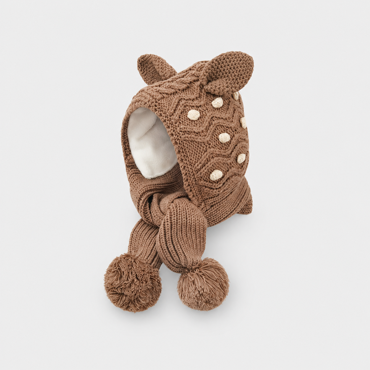 Dots – Brown knitted hood with attached scarf sections