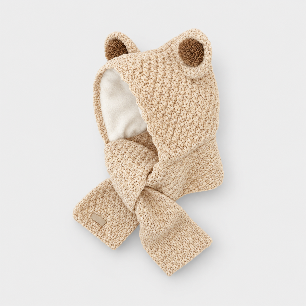 Little Ears – Beige knitted hood with attached scarf sections