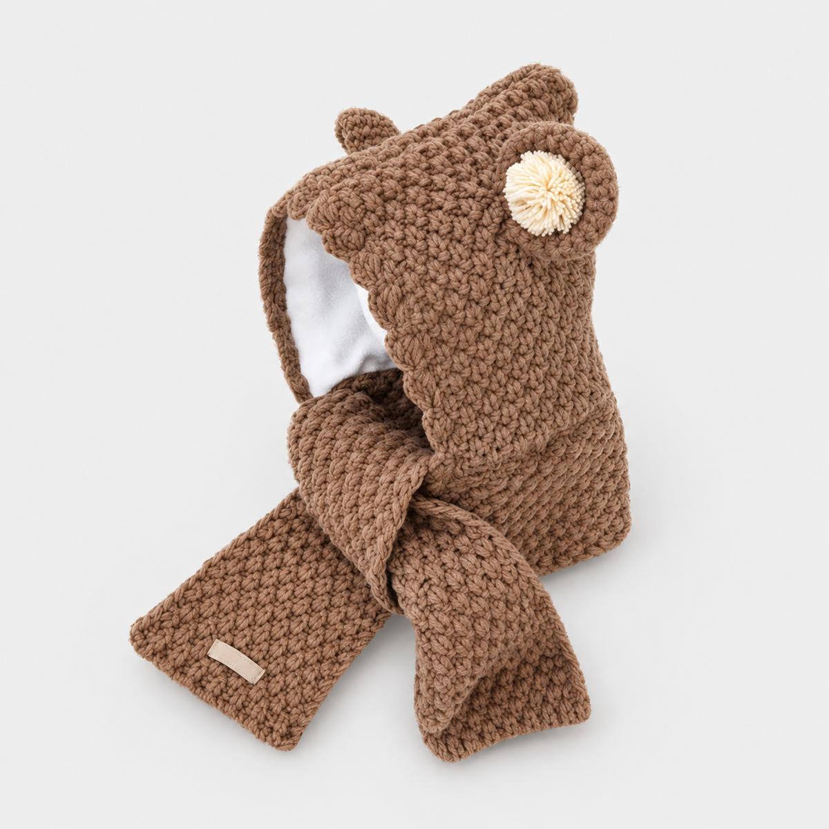 Little Ears – Coffee knitted hood with attached scarf sections