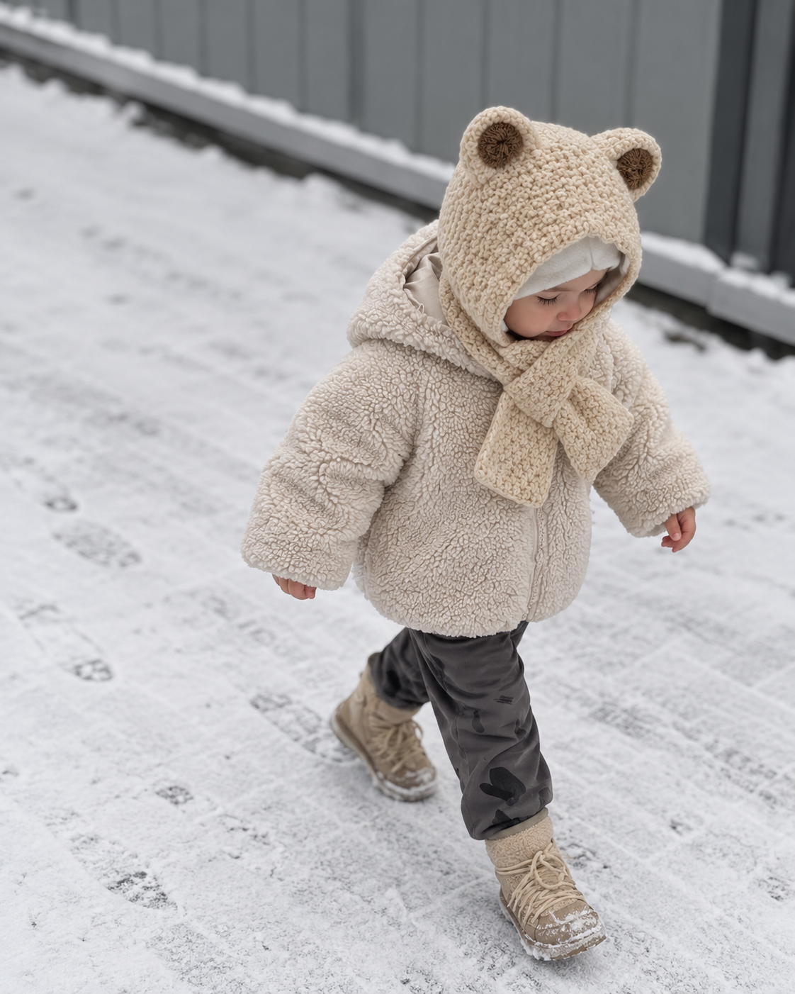 Little Ears Beige knitted hood worn on a snowy walk