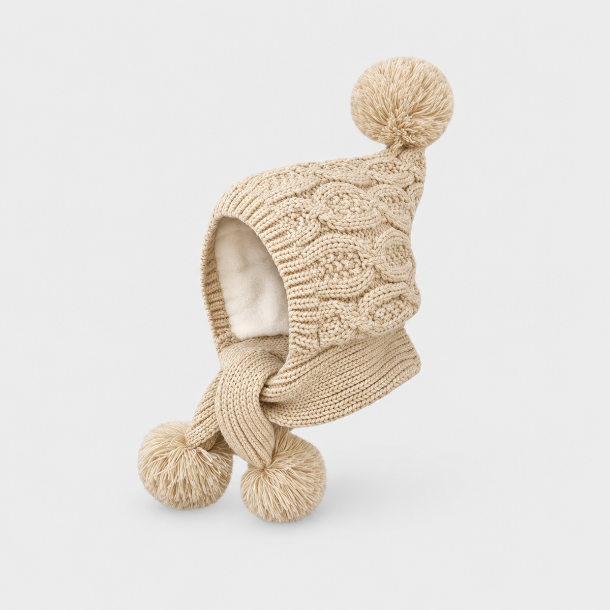 Pom-Pom – Beige knitted hood with attached scarf sections