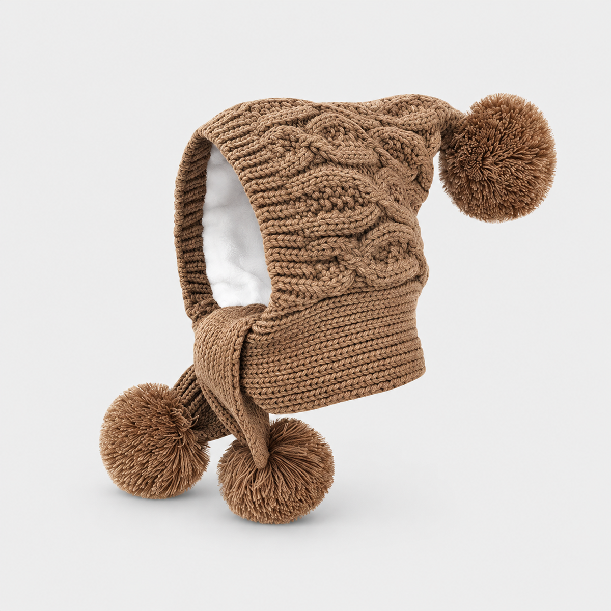 Pom-Pom – Brown knitted hood with attached scarf sections
