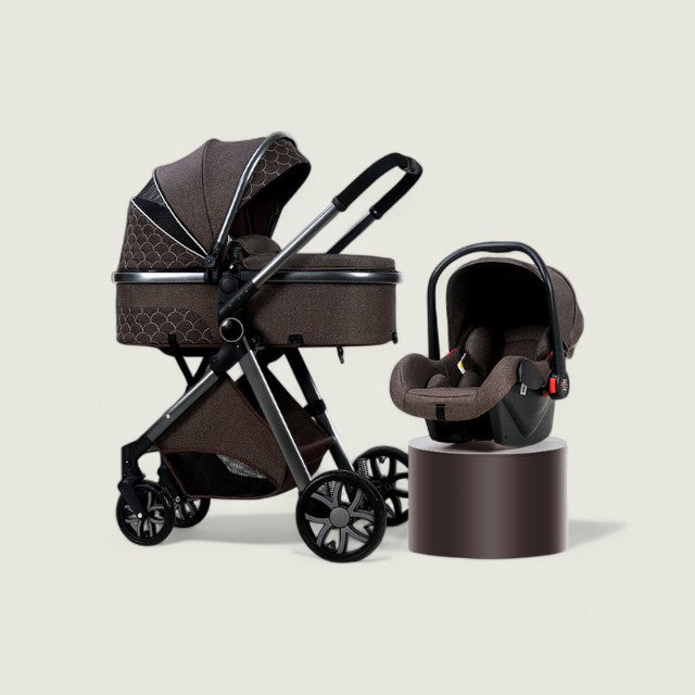Brown baby stroller and car seat set on a beige background