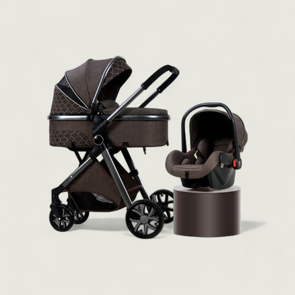 Brown baby stroller and car seat set on a beige background