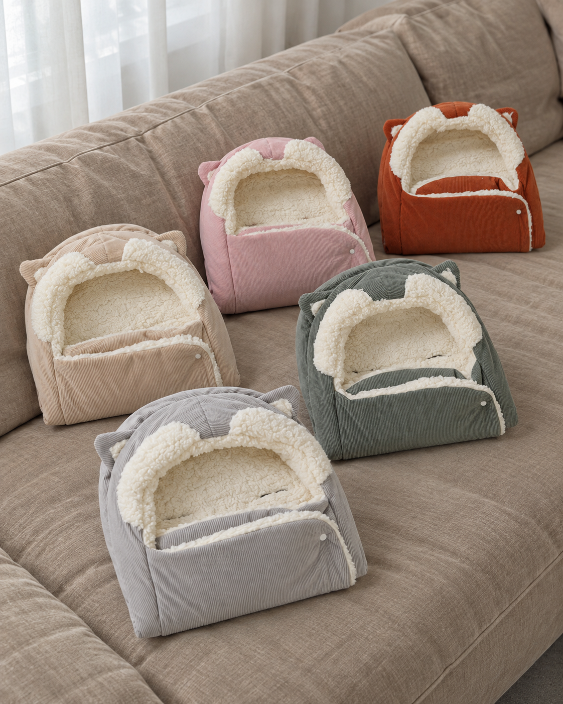 Five corduroy footmuff colours together on a sofa