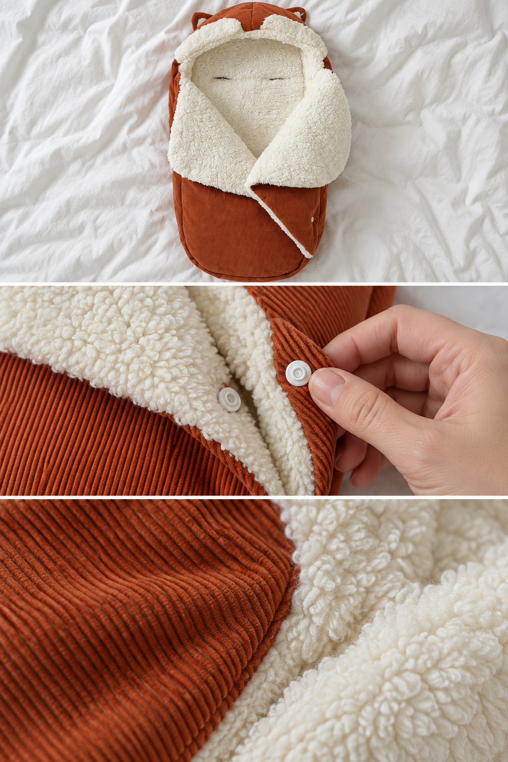 Footmuff open lining, snap closure and fabric close-up