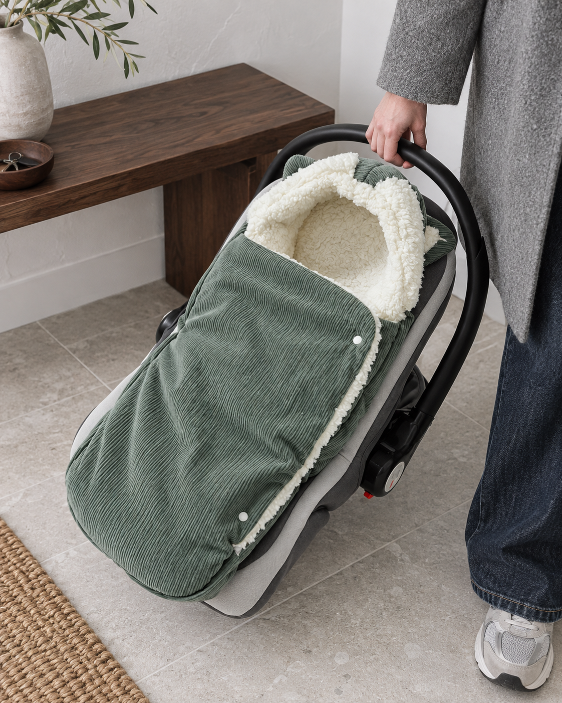 Sage Green footmuff shown in an empty infant carrier