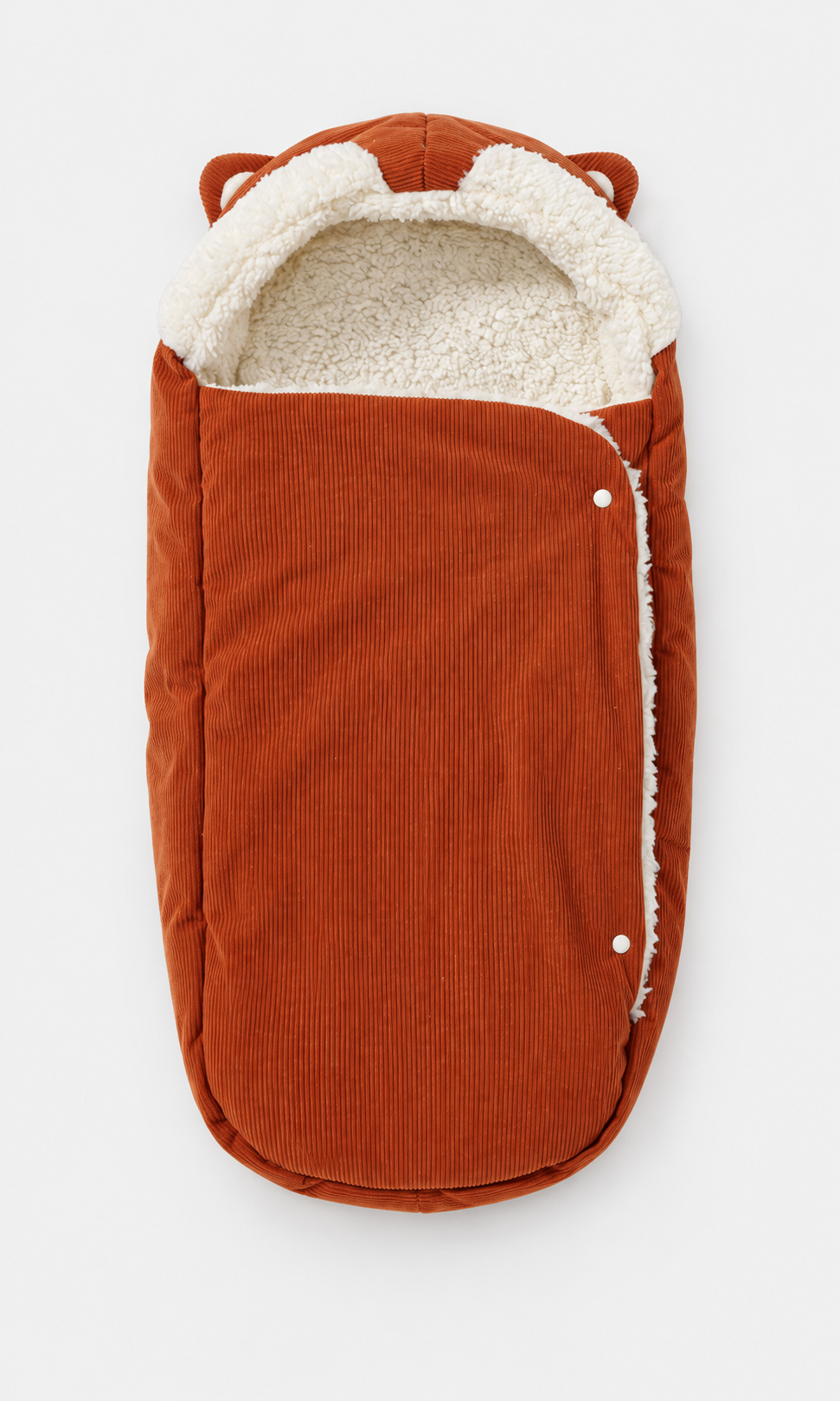 Rust corduroy footmuff with ear hood and snap-button front