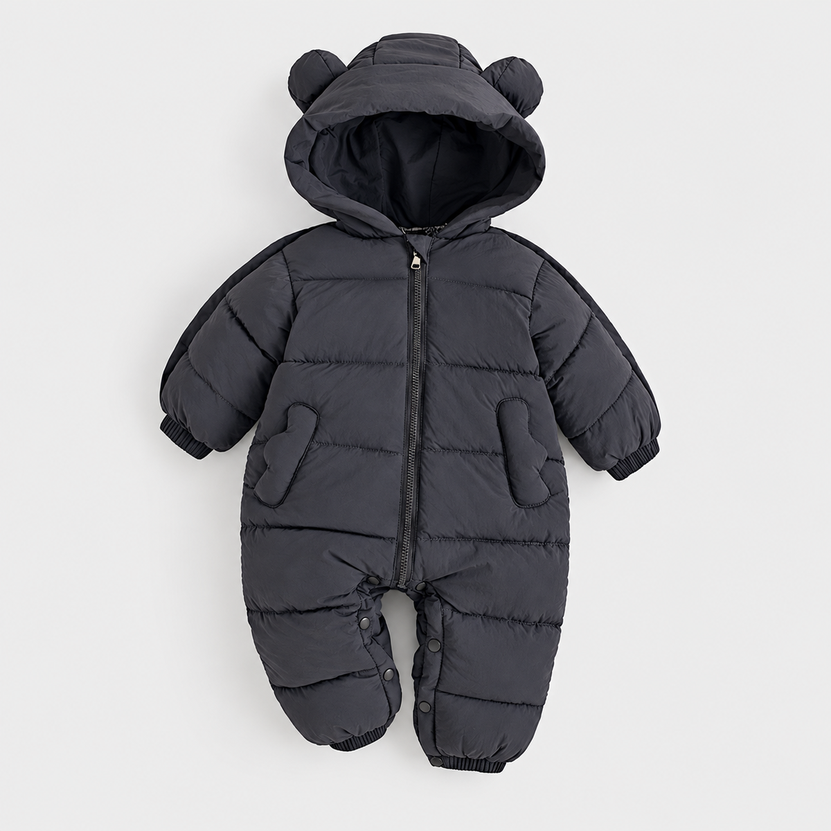 Charcoal padded jumpsuit with bear-ear hood