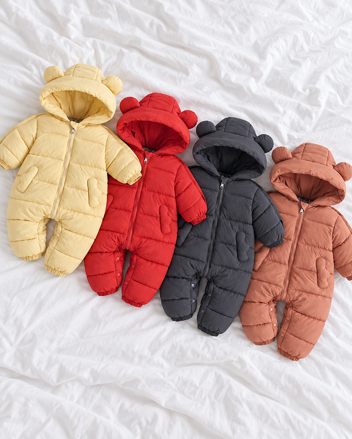 Four padded jumpsuit colours on white bedding