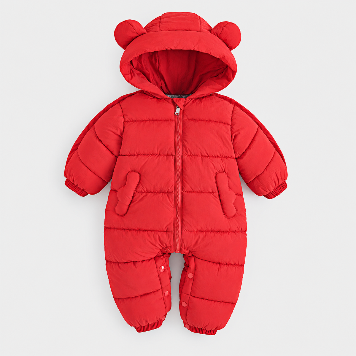 Red padded jumpsuit with bear-ear hood
