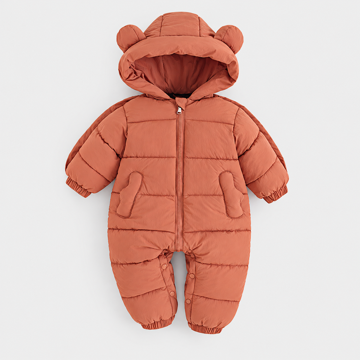 Terracotta padded jumpsuit with bear-ear hood