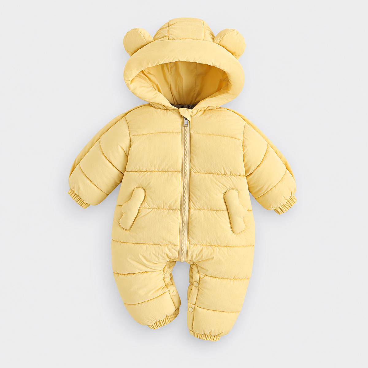 Butter Yellow padded jumpsuit with bear-ear hood