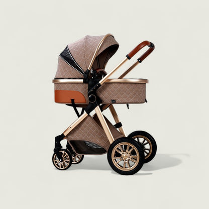Brown and beige baby stroller on a light beige background