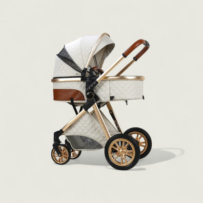 Baby stroller with quilted design on a beige background