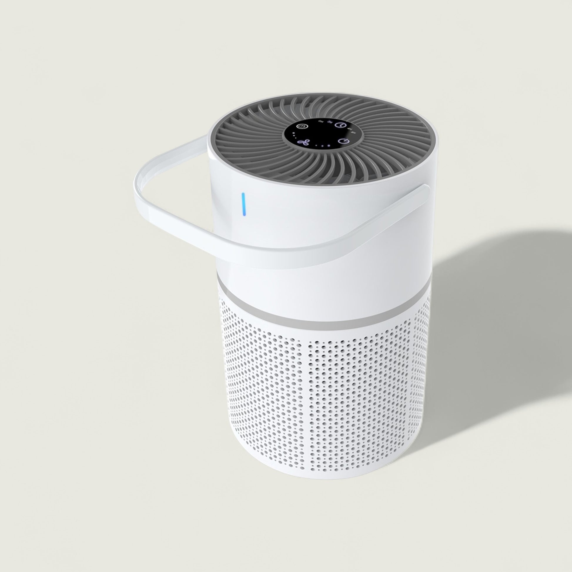 White air purifier with a gray top on a light beige background