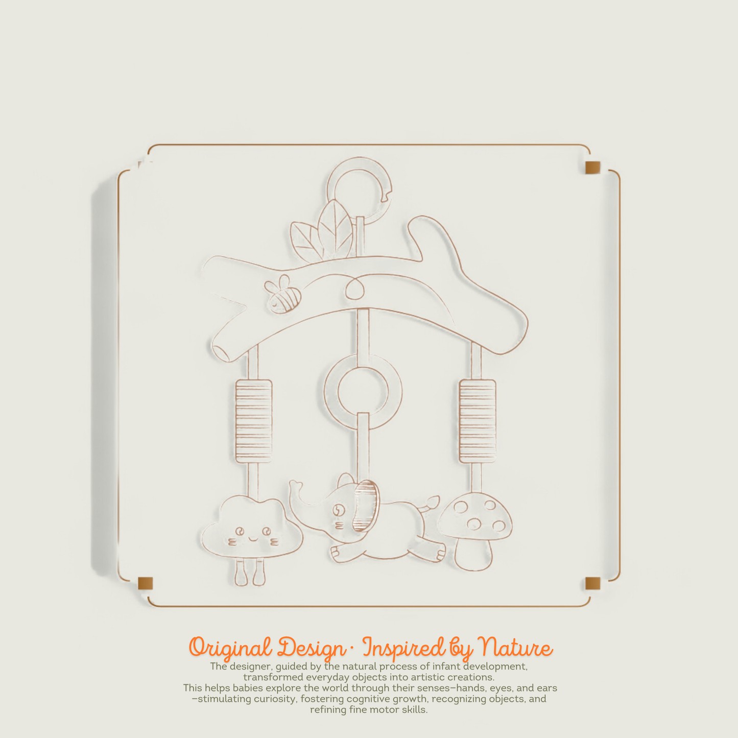 Baby rattle design with text on a light gray background