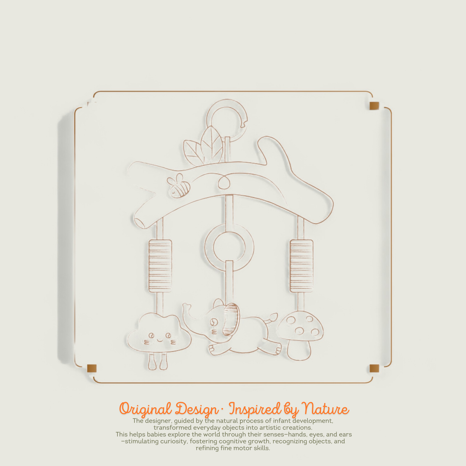 Baby rattle design with text on a light gray background