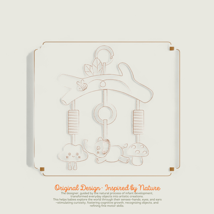 Baby rattle design with text on a light gray background