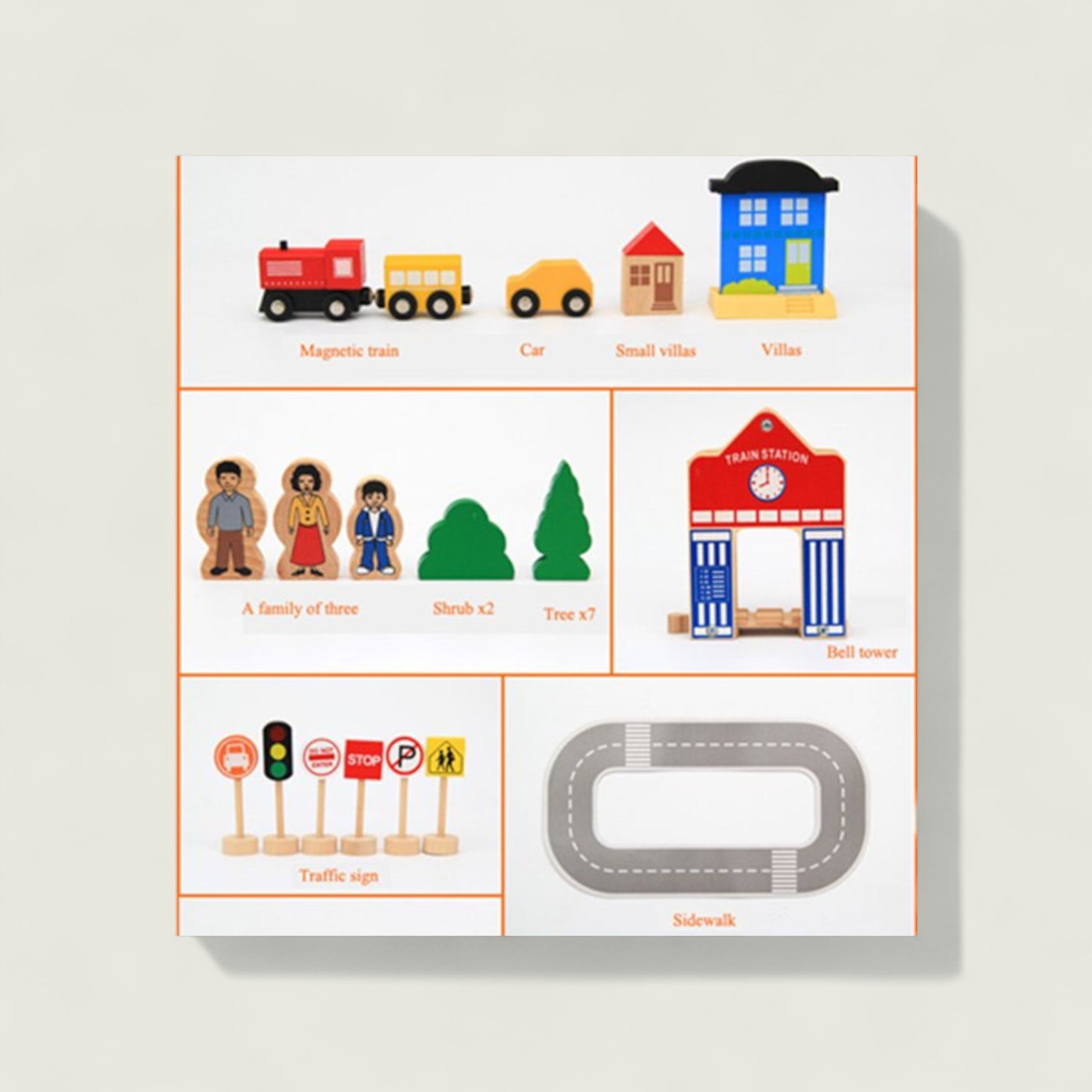 Toy set packaging with illustrations of toys and accessories on a white background