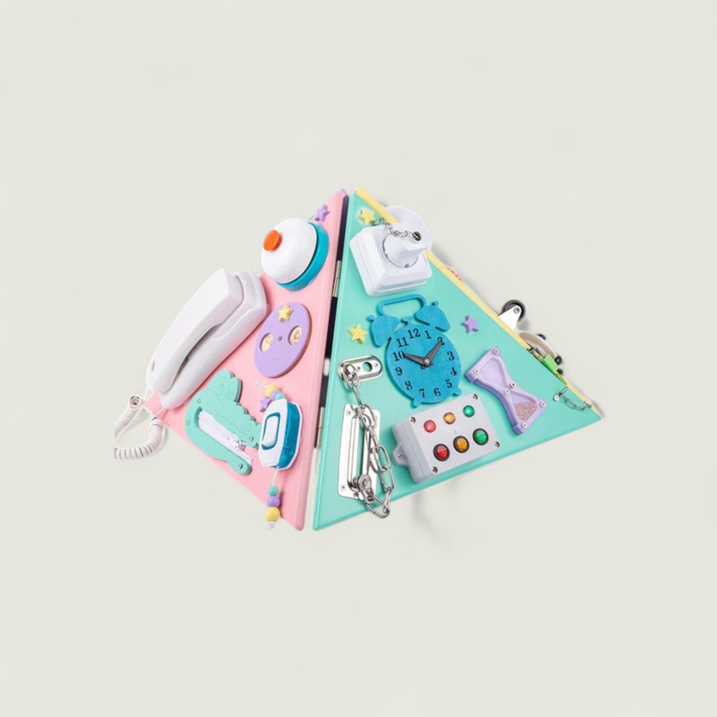 Colorful triangular wall organizer with various decorative items on a light gray background