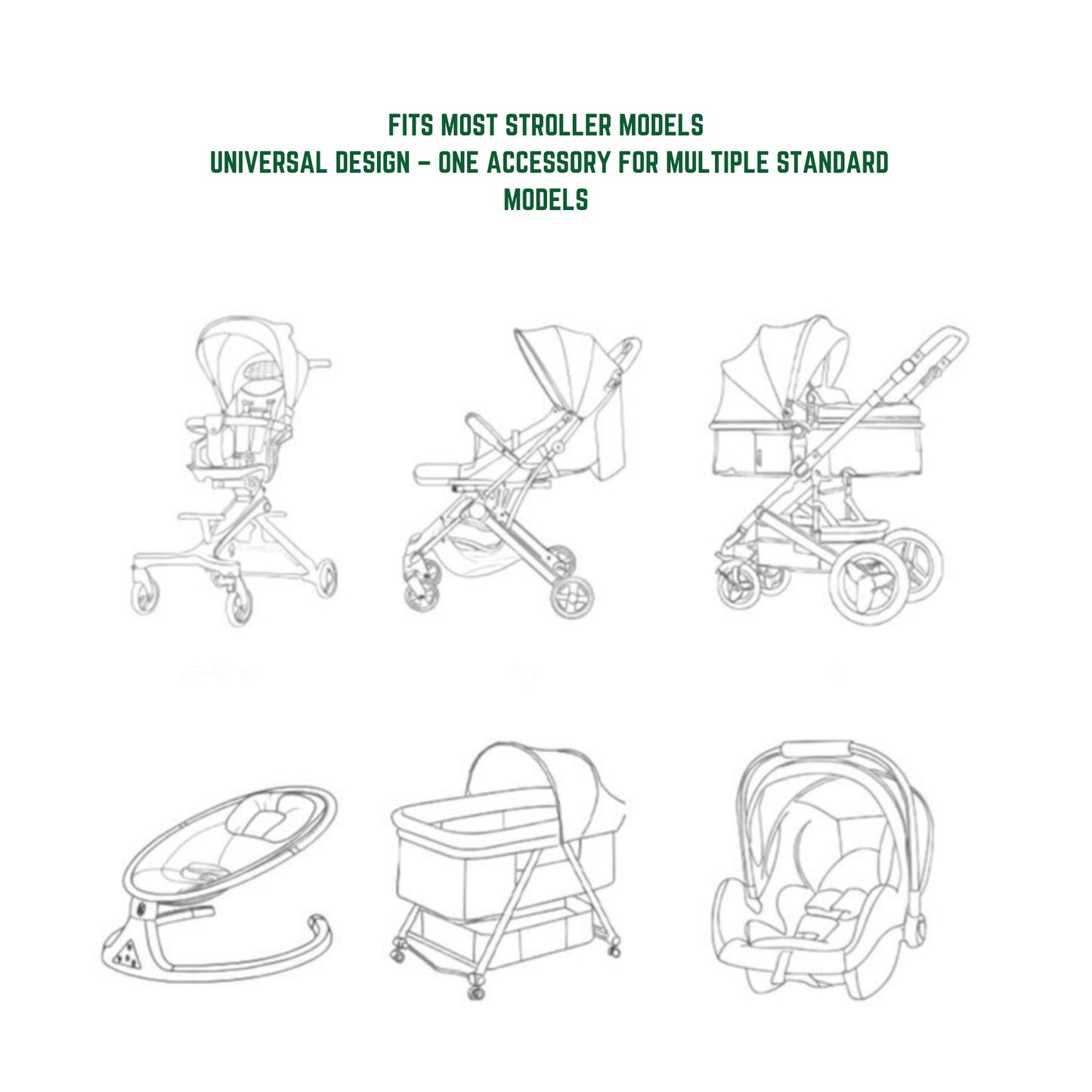 Illustrations of various baby products with text about universal design.