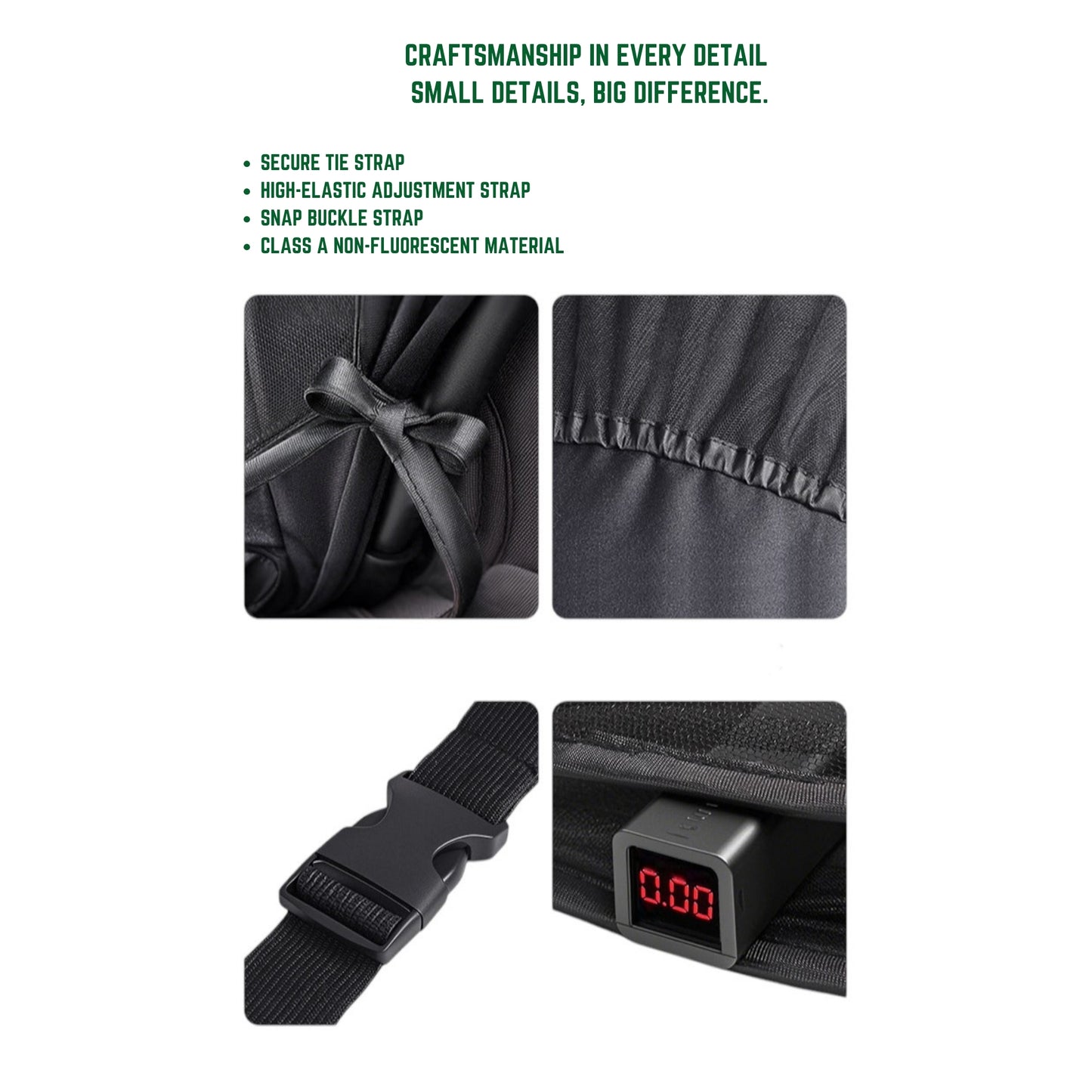 Black strap with details and text on a white background