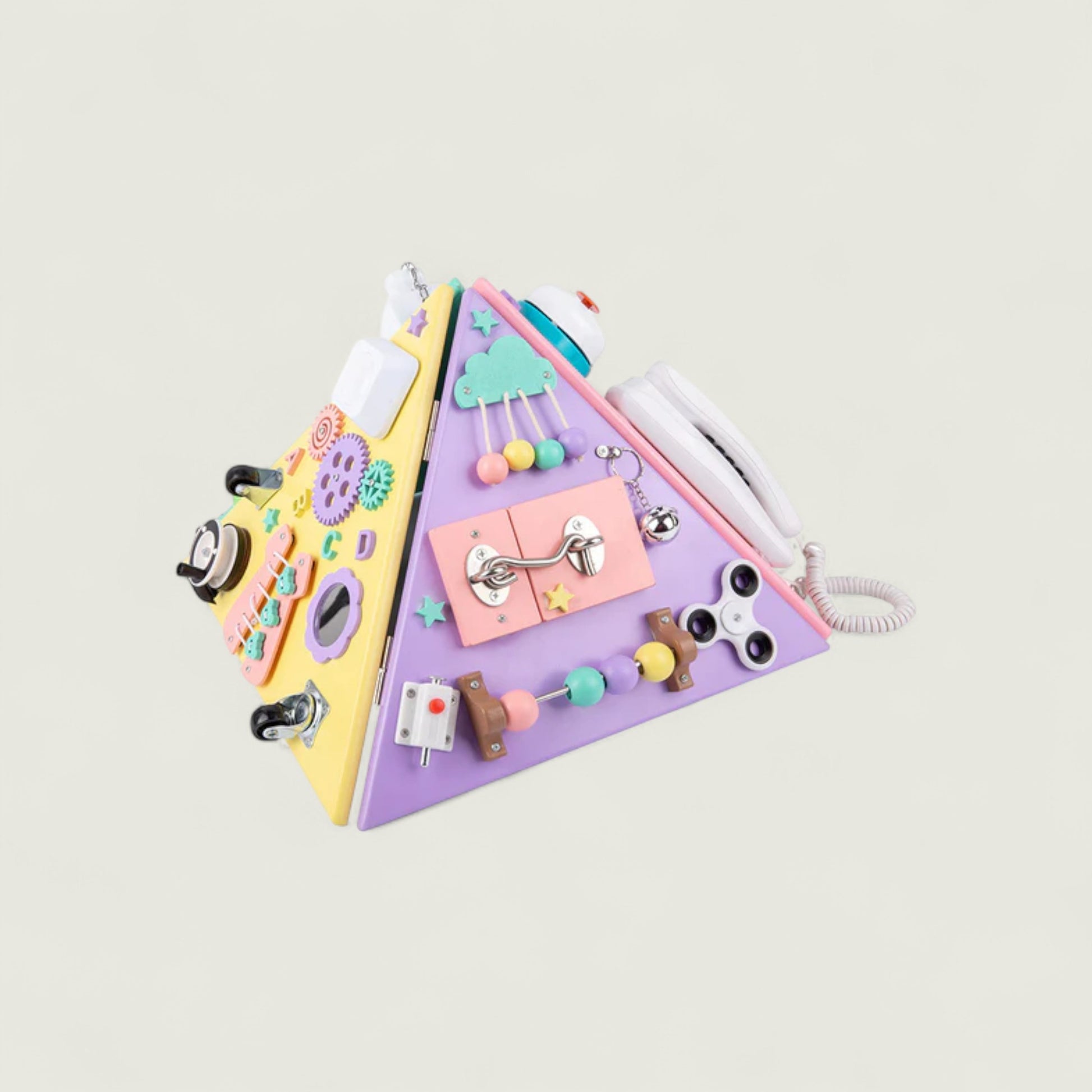 Colorful children's activity board with various educational elements on a light gray background