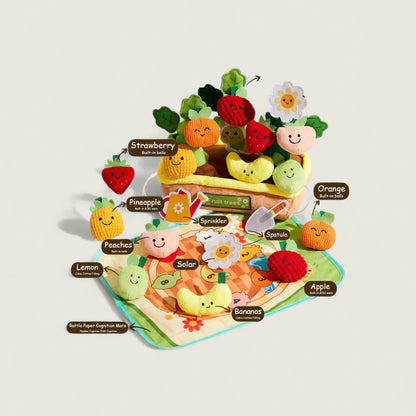 Colorful plush toy set of fruits and vegetables on a light gray background