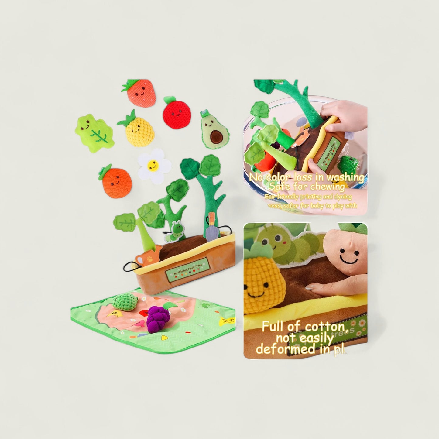 Children's educational toy set with colorful vegetables and a soft corn toy on a light gray background.