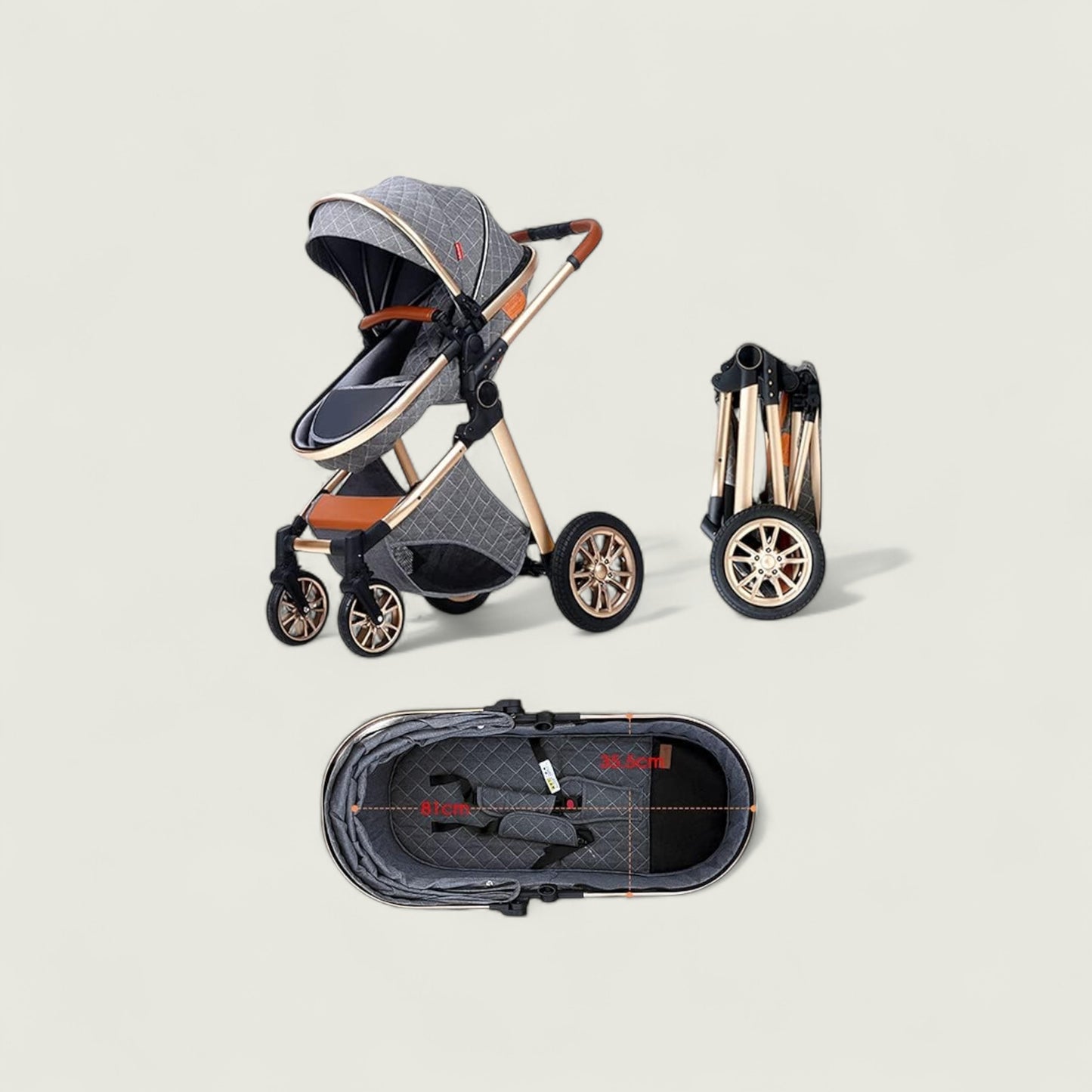 Baby stroller in various stages of folding on a beige background