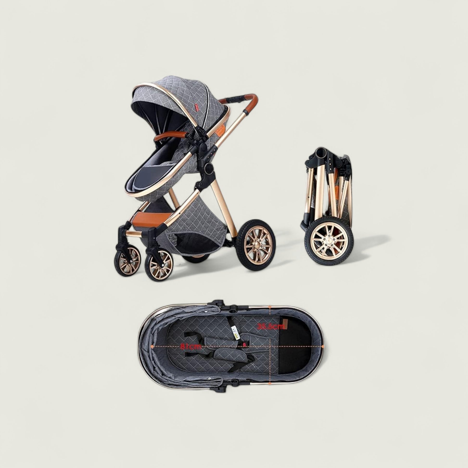Baby stroller in various stages of folding on a beige background