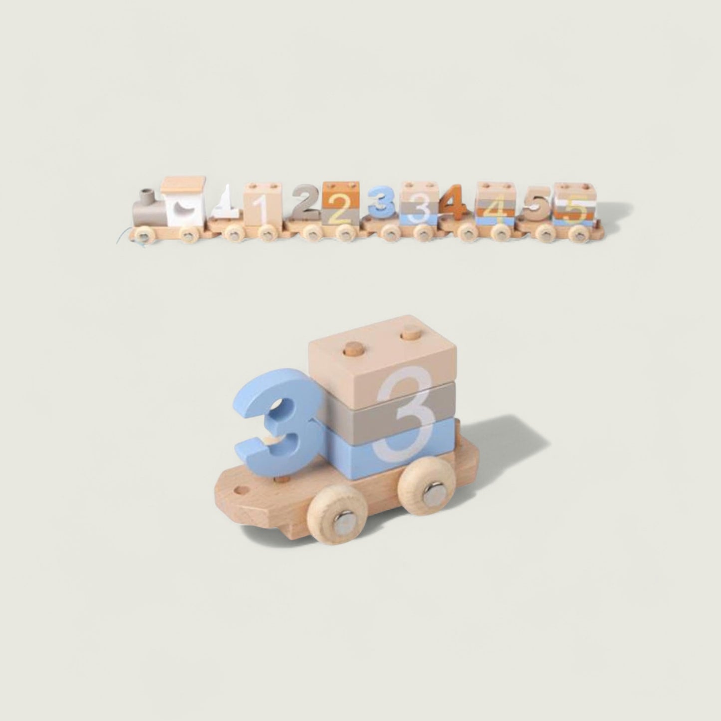 Wooden toy train with number blocks and a set of wooden beads on a light background