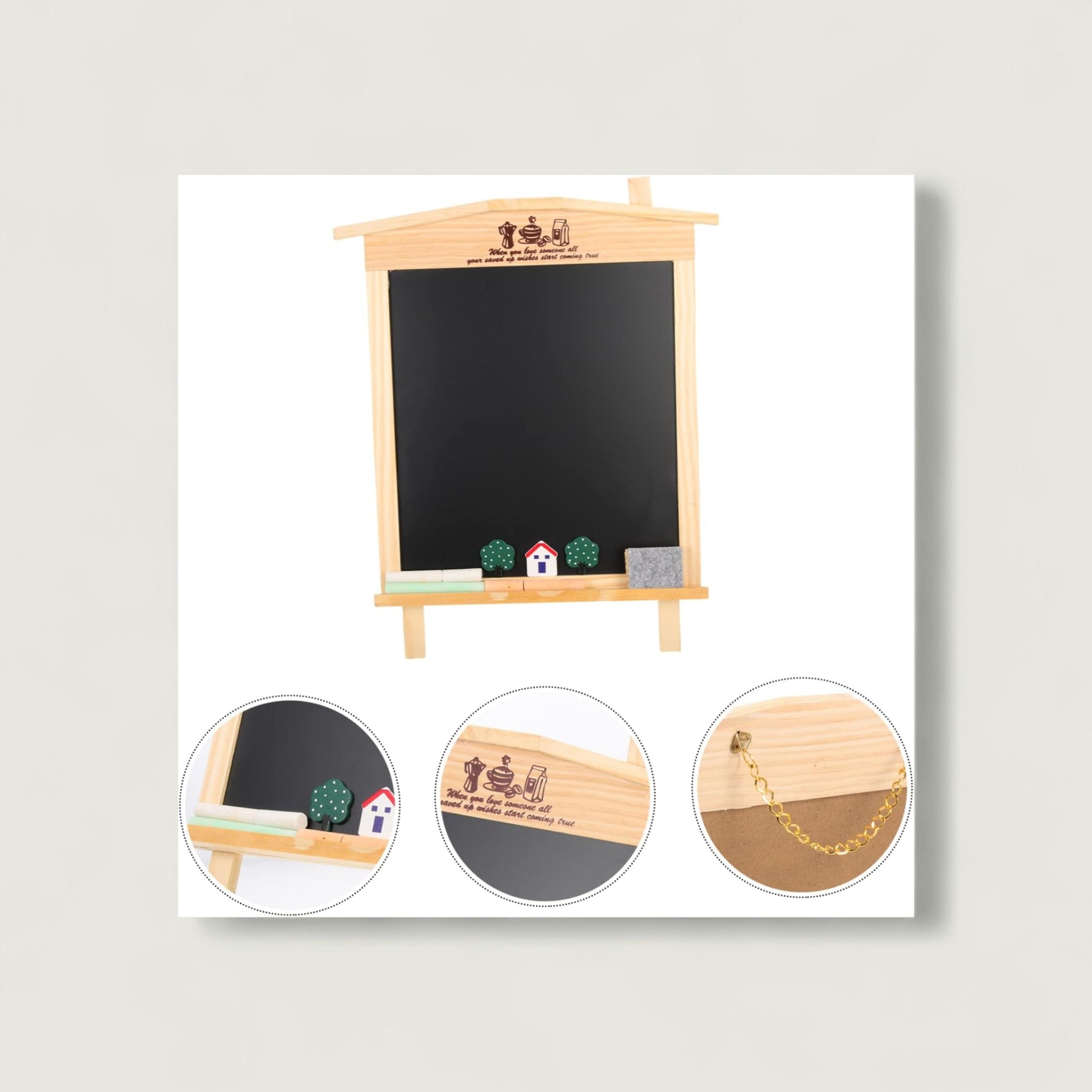 Wooden blackboard with stand and decorative elements on a white background