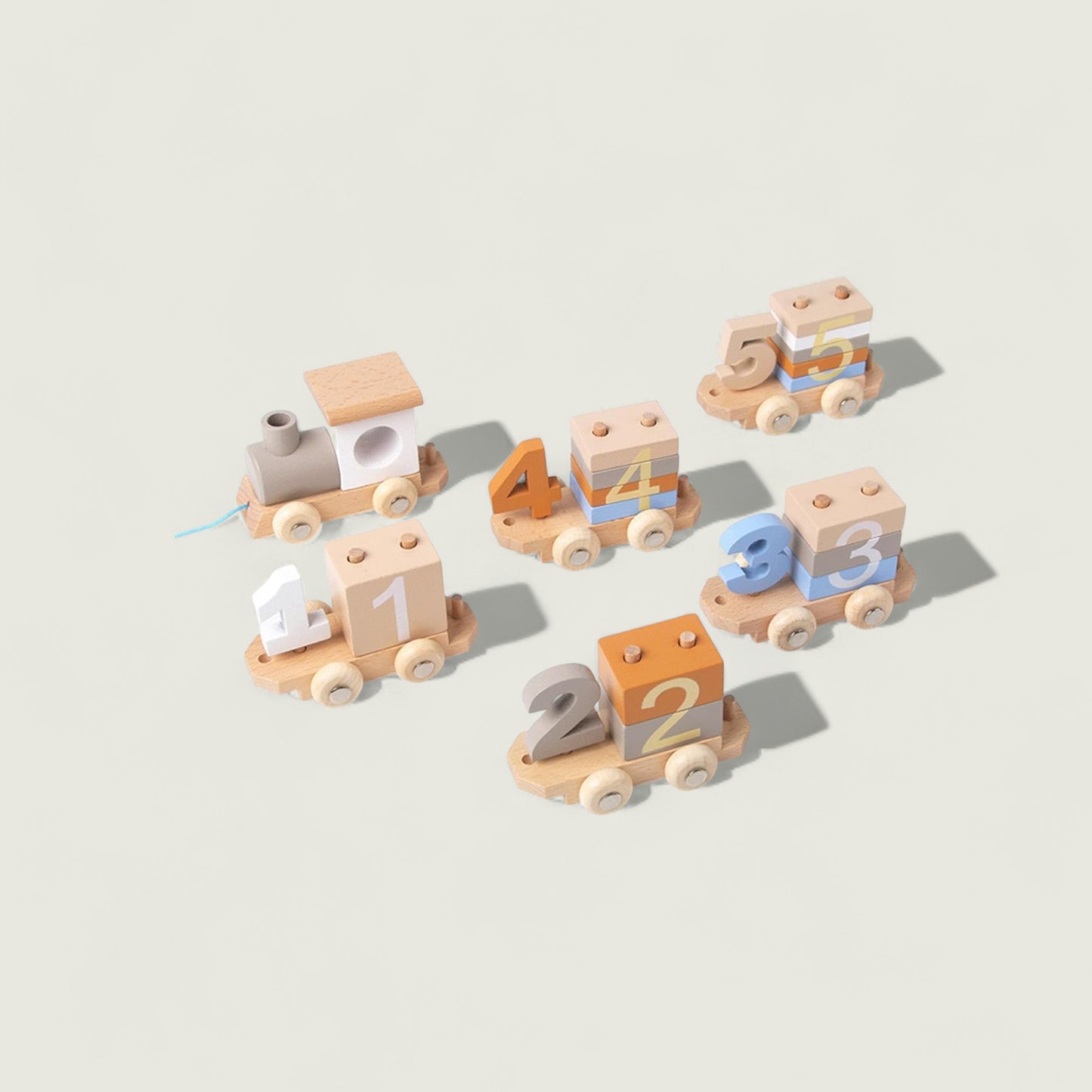 Set of wooden toy blocks with numbers on a light background