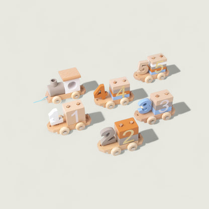 Set of wooden toy blocks with numbers on a light background