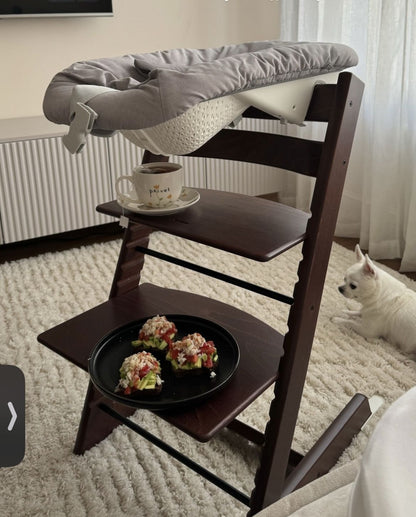 Wooden chair with a tray holding a cup and plate, and a dog sitting nearby.