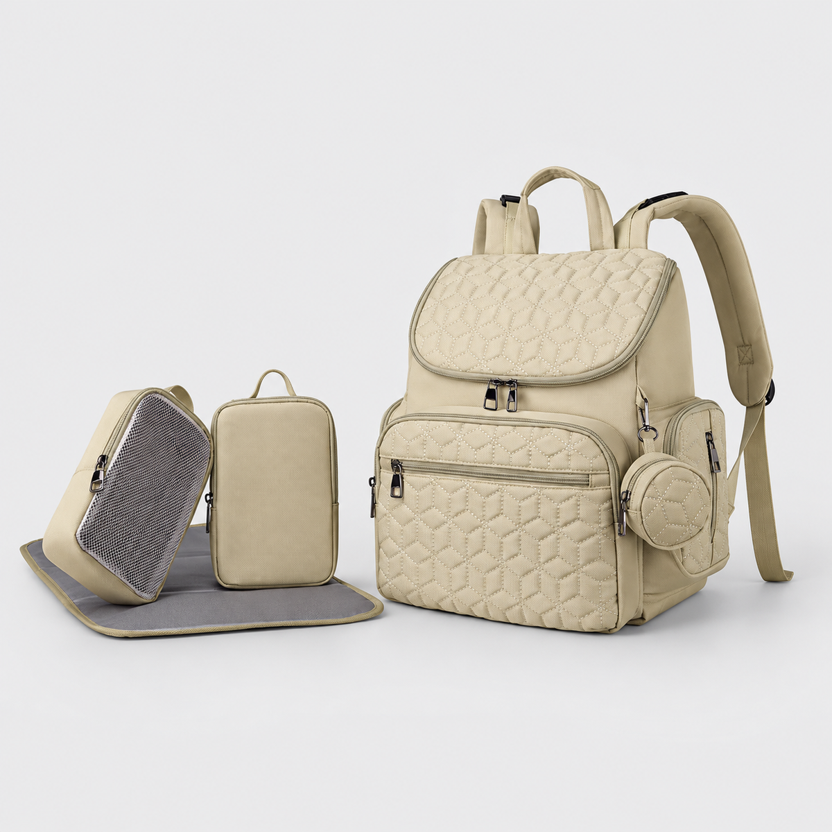 Quilted five-piece diaper backpack set — Khaki