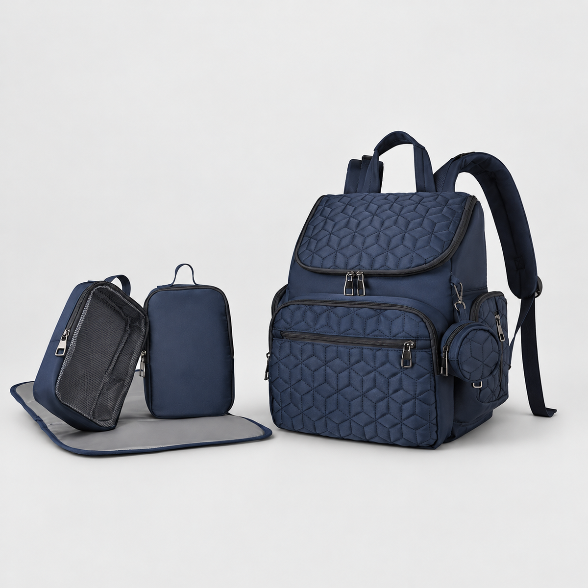 Quilted five-piece diaper backpack set — Navy