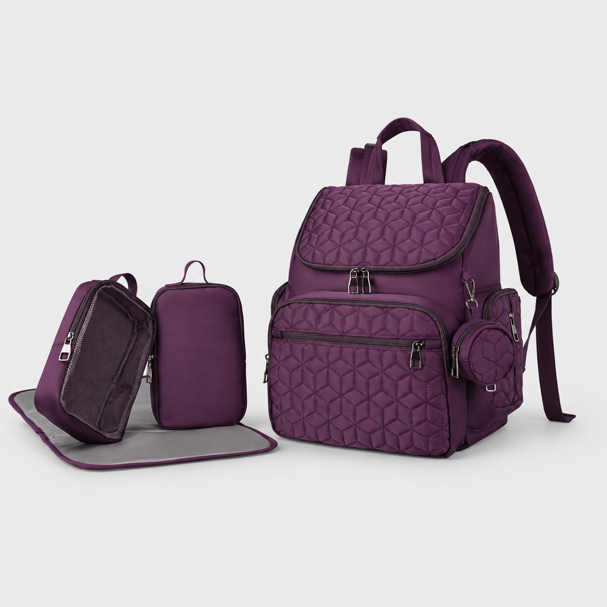 Quilted five-piece diaper backpack set — Purple