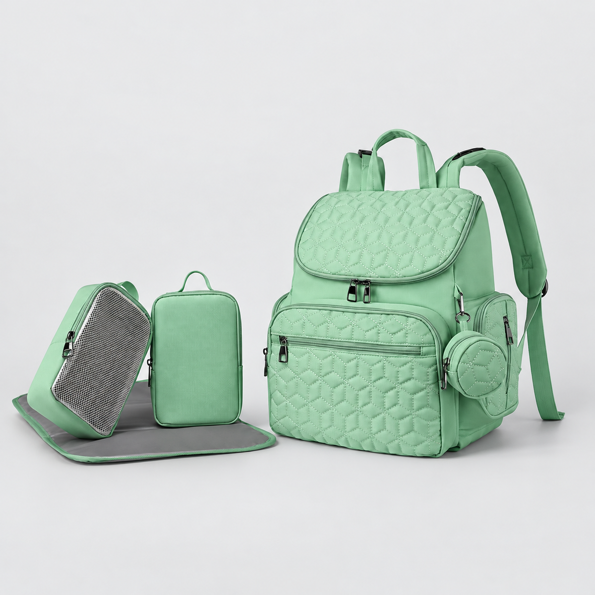 Quilted five-piece diaper backpack set — Green