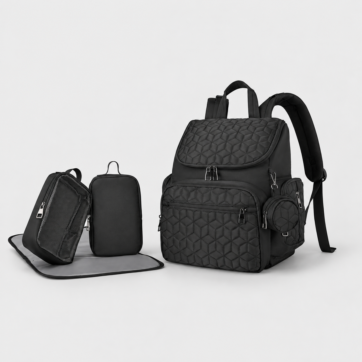 Quilted five-piece diaper backpack set — Black