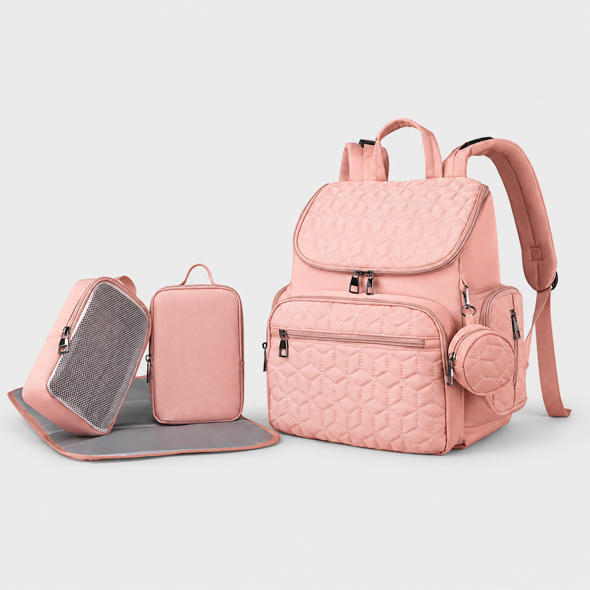 Quilted five-piece diaper backpack set — Pink